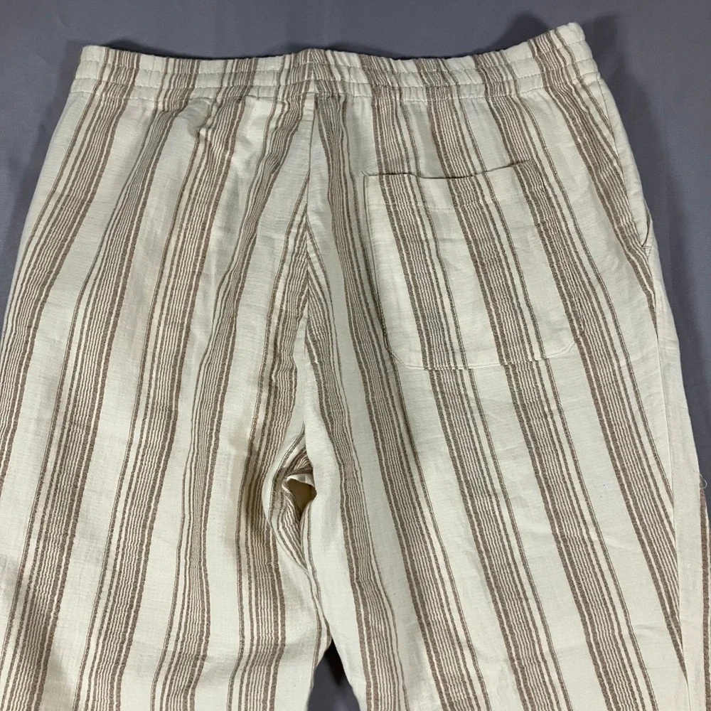ZARA Striped Linen Womens XL‎ Blend Drawstring Waist Pants Beige Brown Casual